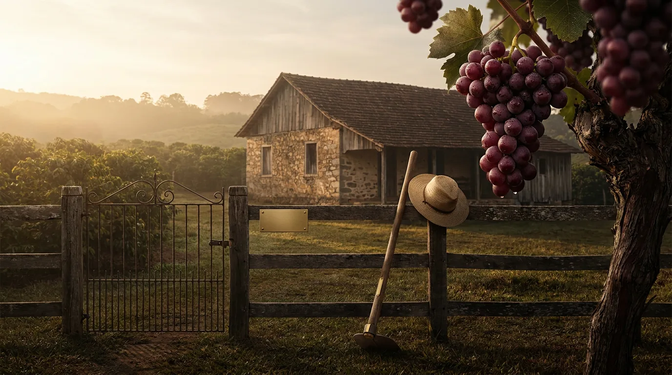 Capa editorial conceitual sobre usucapião rural: requisitos, documentos e limites da posse-trabalho, em tons bordô e creme